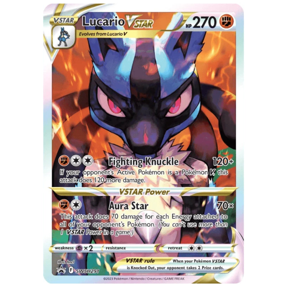 Front view of the Lucario VSTAR SWSH291 Black Star Promo Card included in The Pokemon Trading Card Game Sword and Shield Crown Zenith Elite Trainer Box.