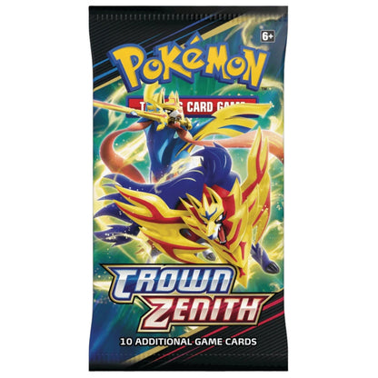 Front view of a Booster Pack included in The Pokemon Trading Card Game Sword and Shield Crown Zenith Elite Trainer Box.