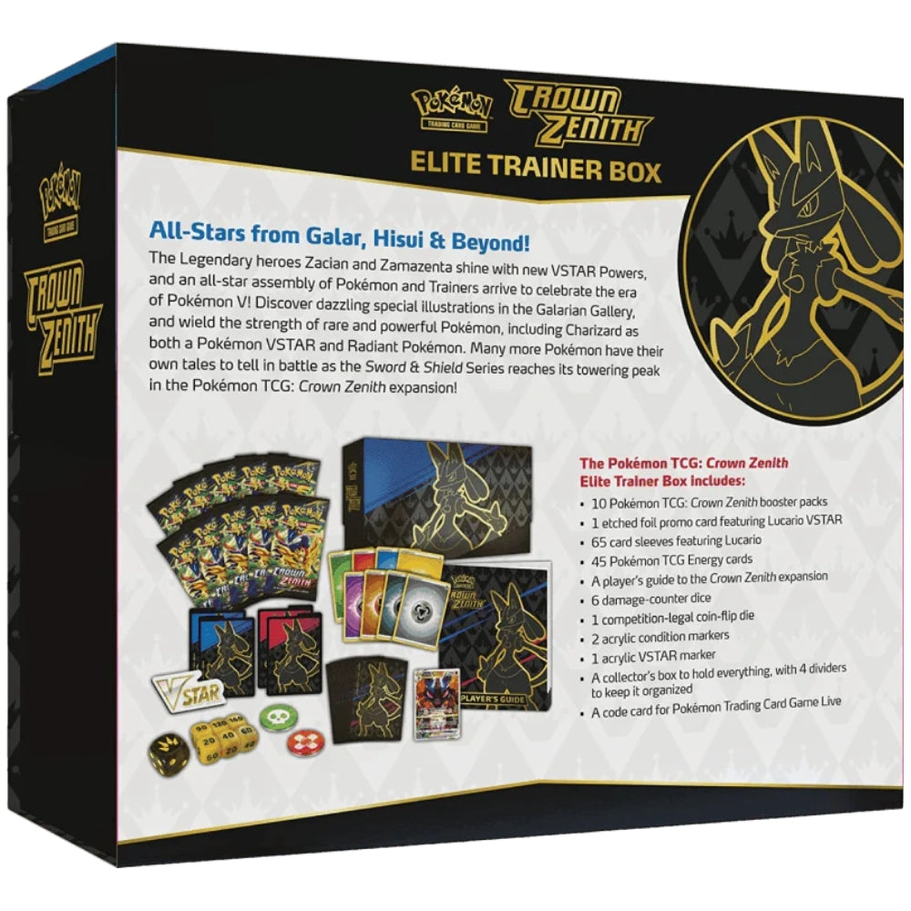 Rear view of The Pokemon Trading Card Game Sword and Shield Crown Zenith Elite Trainer Box.