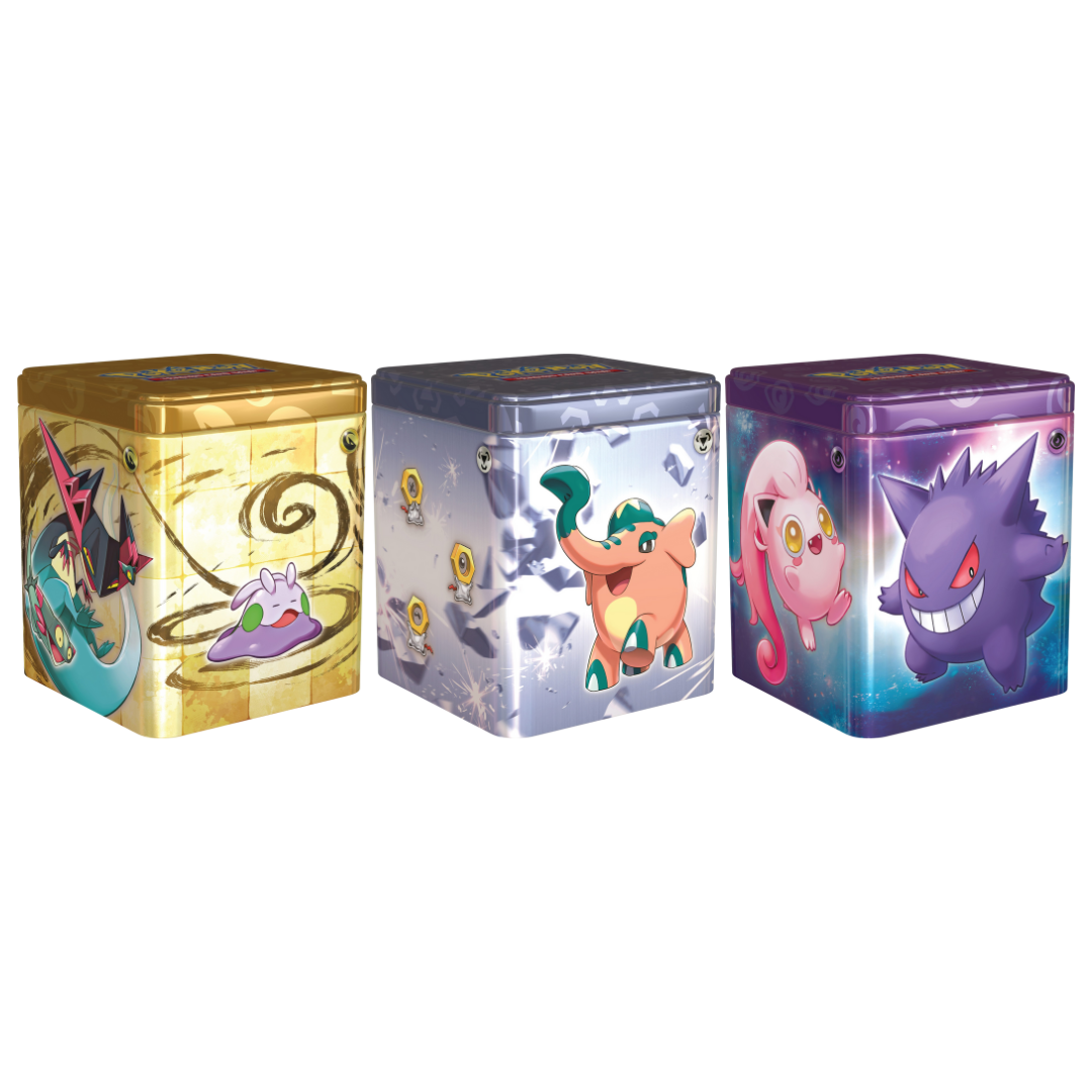 Front angled view of the Pokemon Trading Card Game Q1 2024 Stacking Tins, featuring 3 different types of Tin, serene Psychic-type Pokemon, steely Metal-type Pokemon or draconic Dragon-type Pokemon.