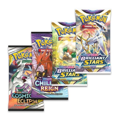 Pokemon Booster Packs included within the Pokemon trading card game Arceus V Figure Collection. Sword and Shield Brilliant Stars, Sword and Shield Chilling Reign, Sun and Moon Cosmic Eclipse.