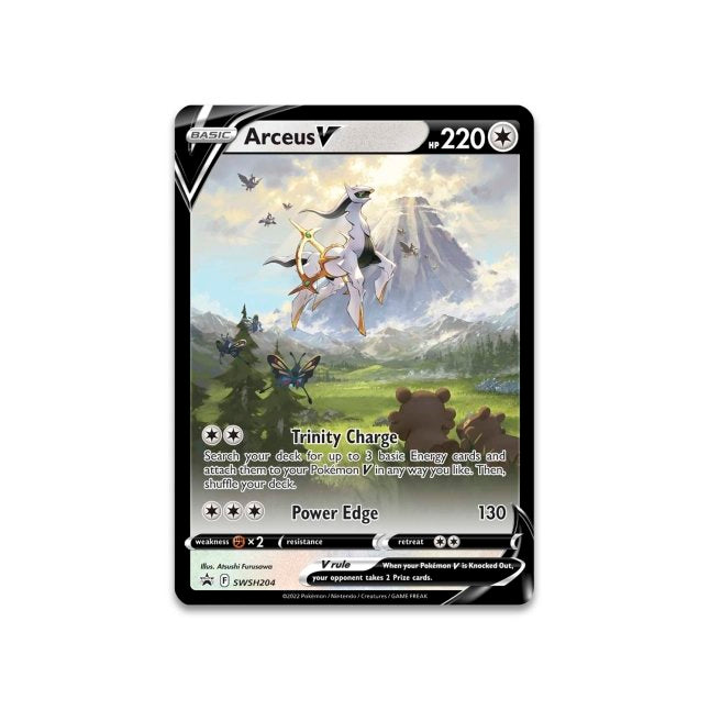 Arceus V SWSH204 Black Star Promo Pokemon card included within the Pokemon trading card game Arceus V Figure Collection.