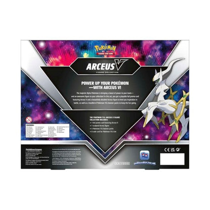 Rear view of the Pokemon trading card game Arceus V Figure Collection detaling contents.