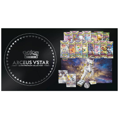 Contents of The Pokemon Trading Card Game Arceus VSTAR Ultra Premium Collection.