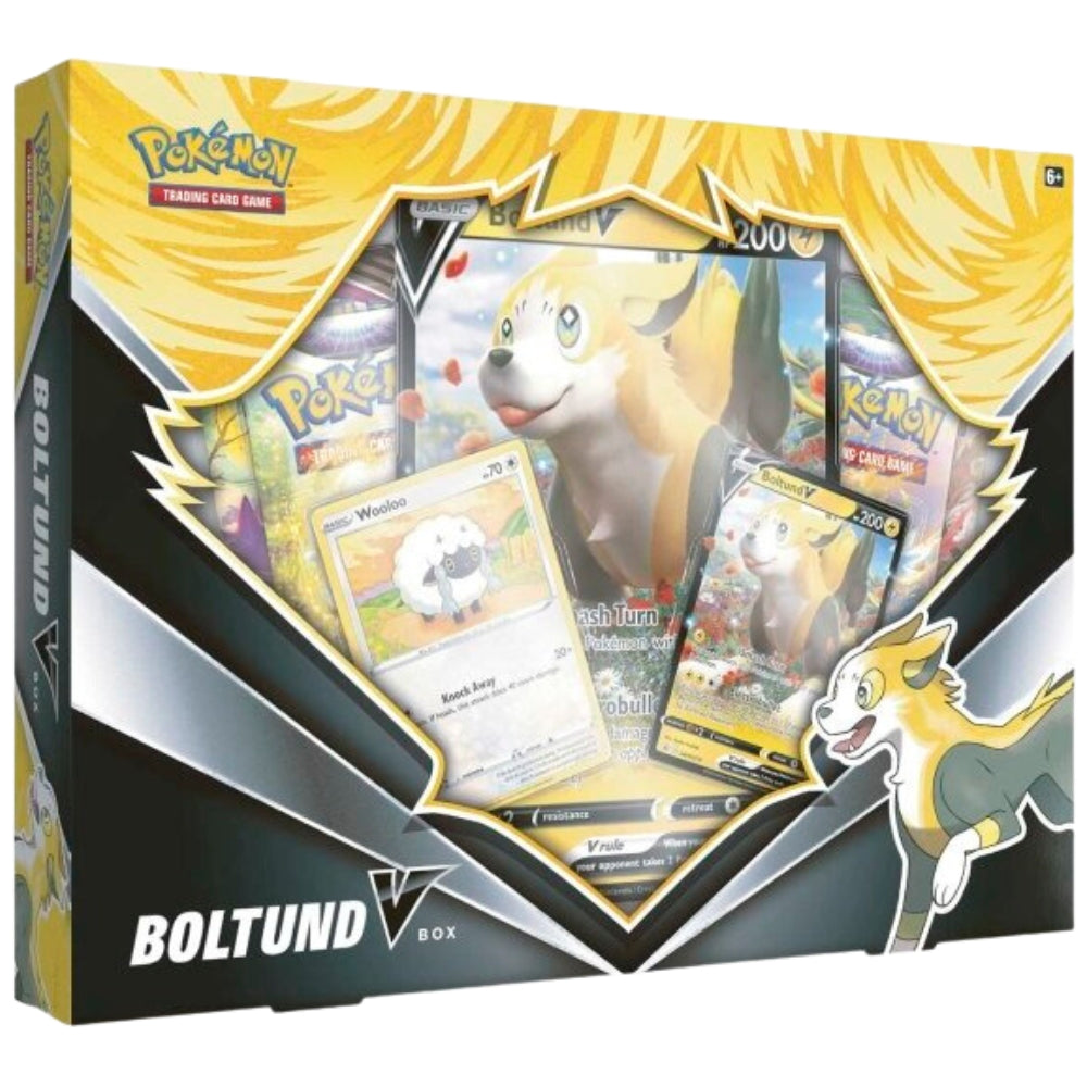 Front Angled View of the Pokemon Trading Card Game Boltund V Box.
