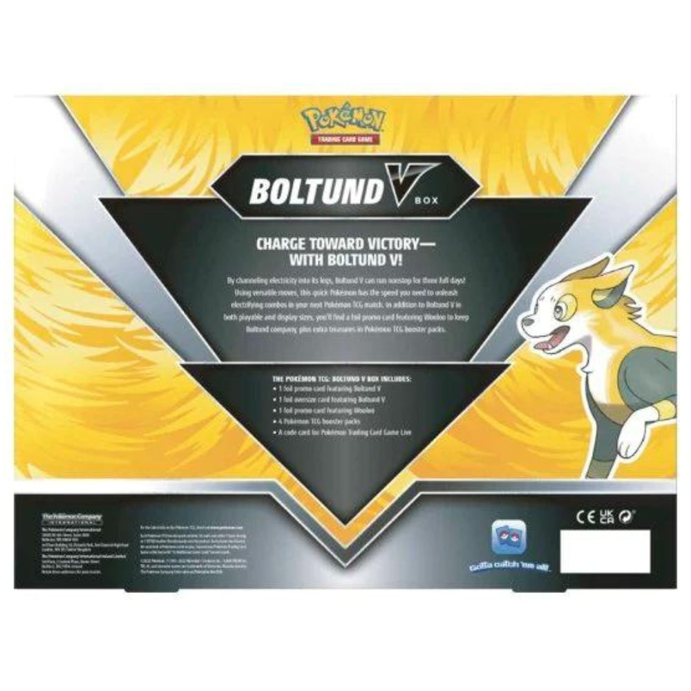 Rear view of the Pokemon Trading Card Game Boltund V Box detailing contents within the box.