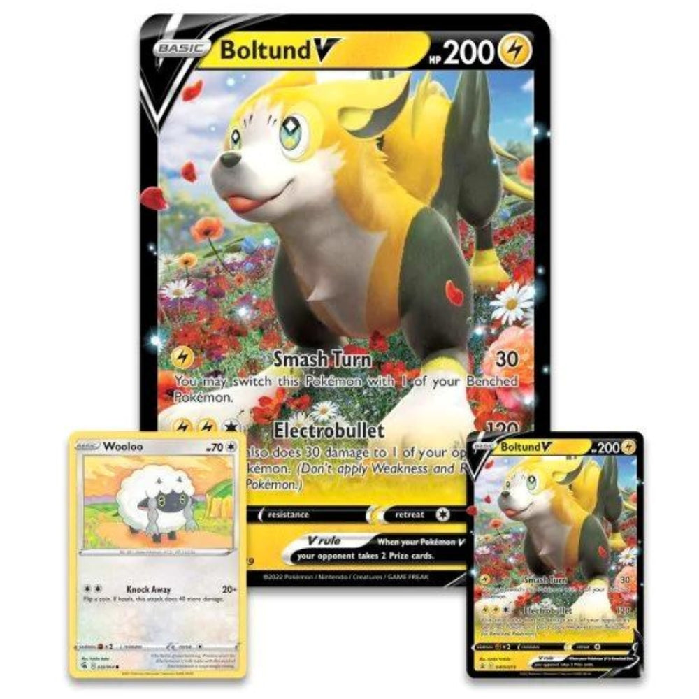 Promo cards included the Pokemon Trading Card Game Boltund V Box including Jumbo card featuring Boltund V and 2 standard size promo cards.
