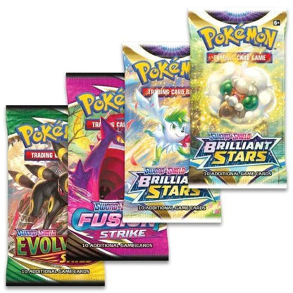 Pokemon Trading Card Game Booster Packs Included in the Pokemon Boltund V Box. Evolving Skies Booster Pack, Fusion Strike Booster Pack and Brilliant Stars Booster Packs.