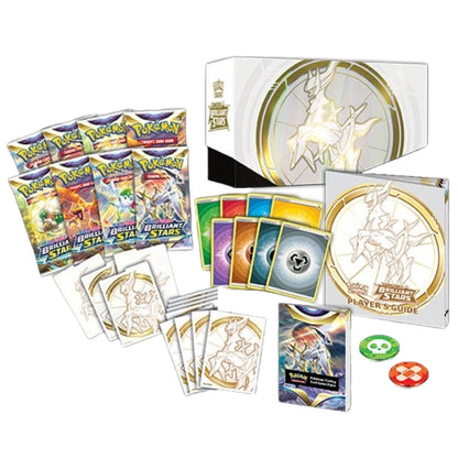 Front view of the Contents of the Pokémon Trading Card Game Sword & Shield Brilliant Stars Elite Trainer Box, 8 Sword & Shield Brilliant Stars Booster Packs, Card Sleeves and Dividers.