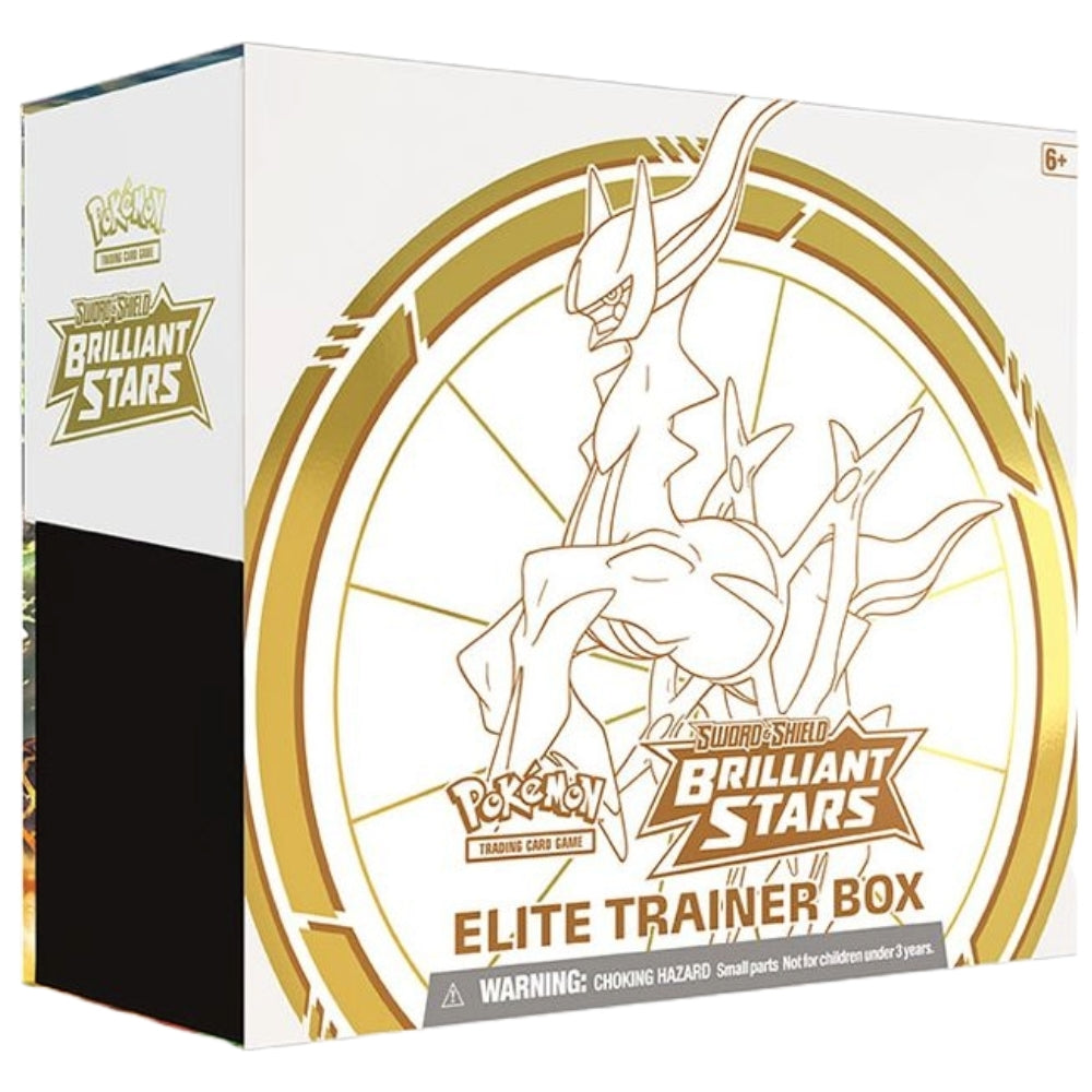 Front angled view of the Pokémon Trading Card Game Sword and Shield Brilliant Stars Elite Trainer Box.