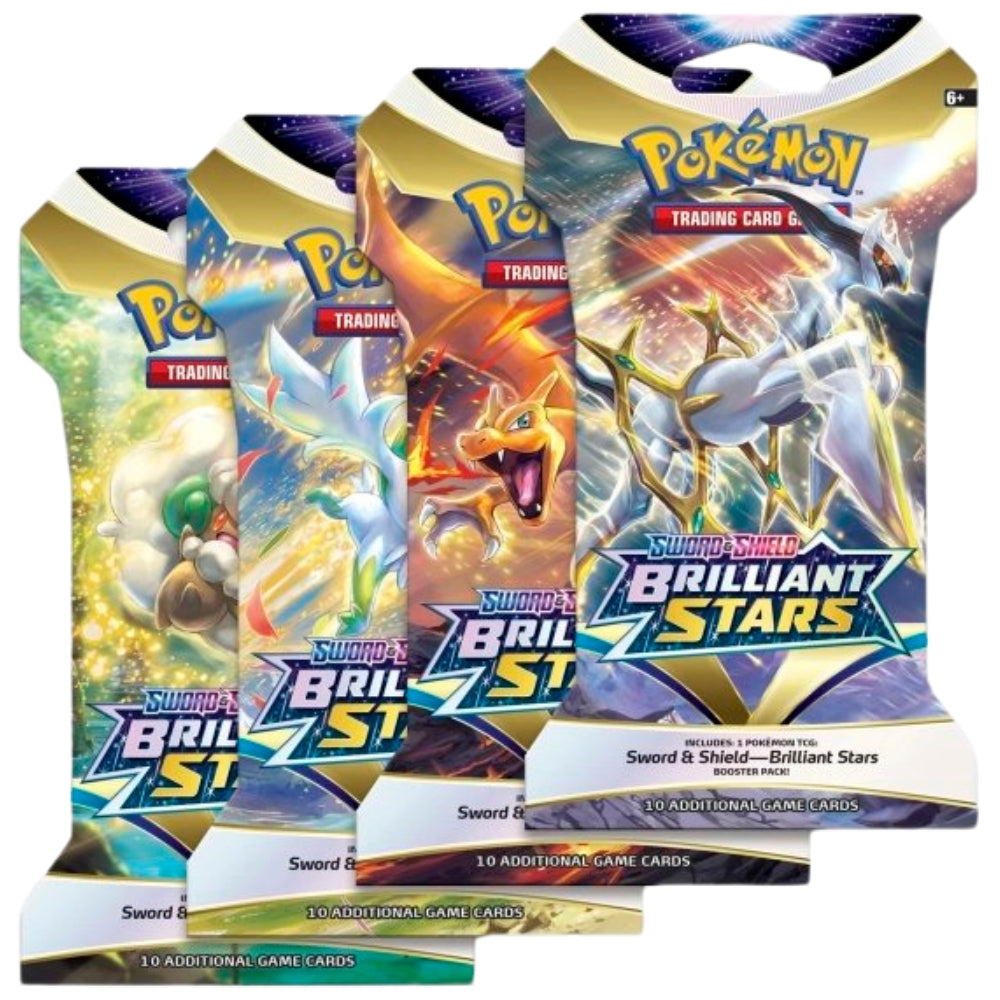 Front View of all Four types of the Pokemon Trading Card Game Brilliant Stars Sleeves Blister Packs all featuring a different Pokemon Artwork.