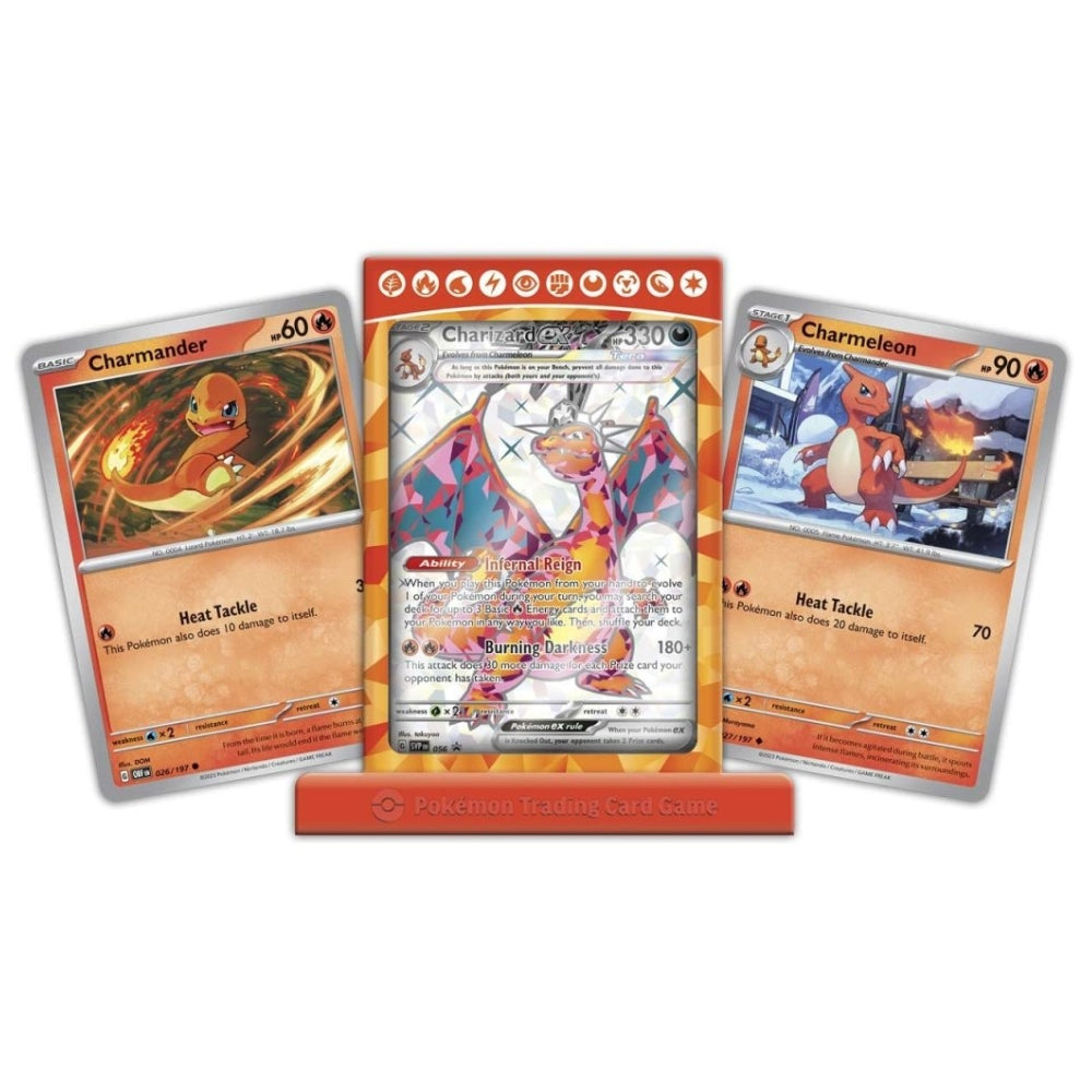 Promo cards contained with the Charizard ex Premium Collection including Chamander, Charmeleon and Charizard ex, also featuring a Pokemon Ultra pro card stand.