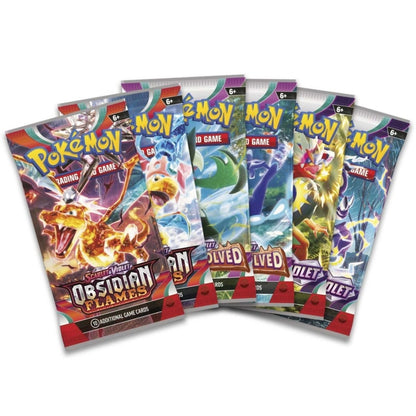 Pokemon Scarlet & Violet Booster Packs assortment in the Charizard ex Premium Collection include Obsidian Flames, Paldea Evolved and Scarlet & Violet Base Set.