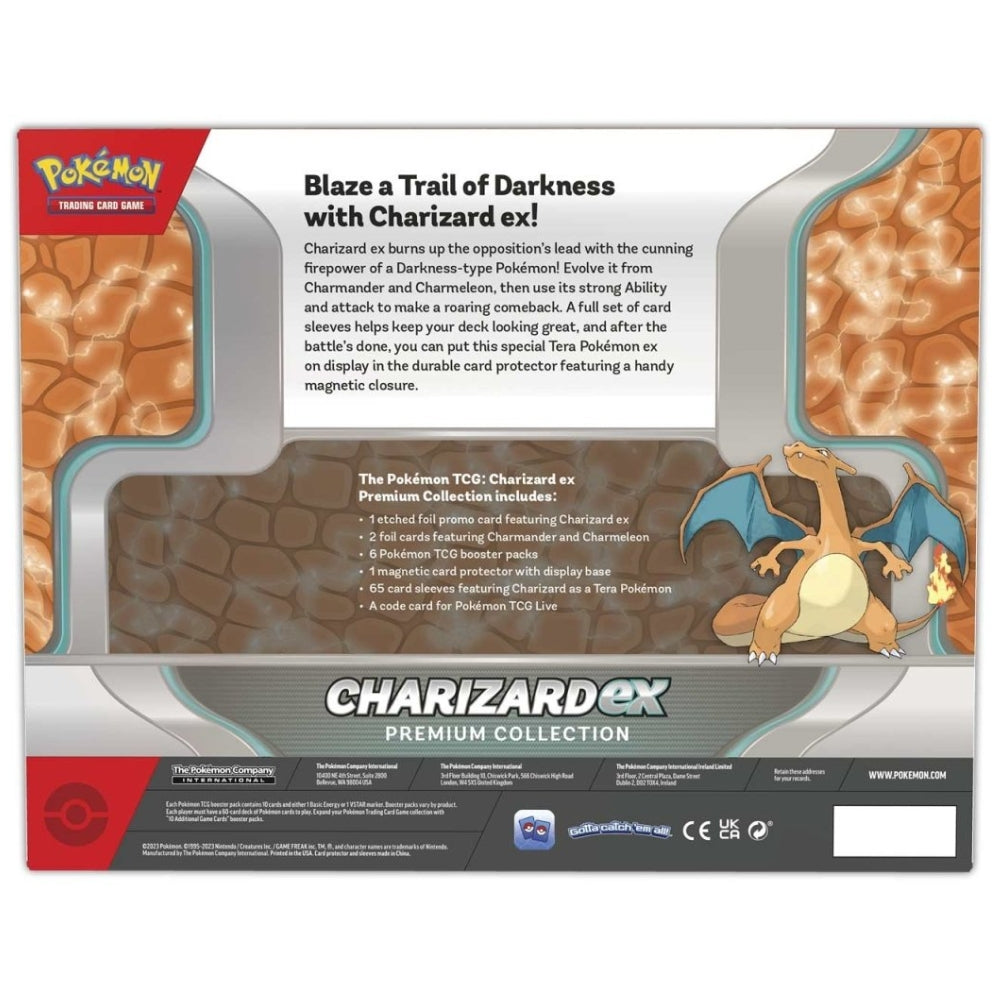 Rear view of the Pokemon Trading Card Game Charizard ex Premium Collection detailing contents of box.