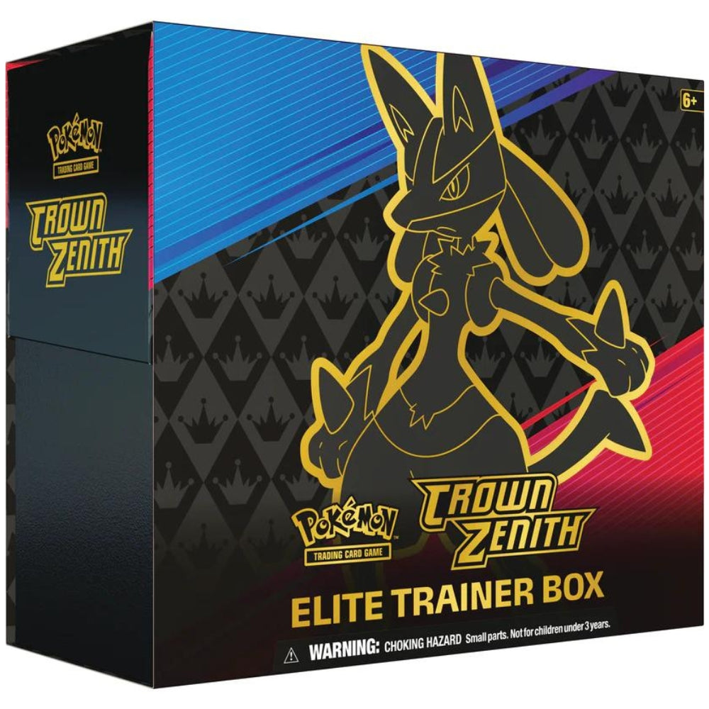 Front angled view of The Pokemon Trading Card Game Sword and Shield Crown Zenith Elite Trainer Box.