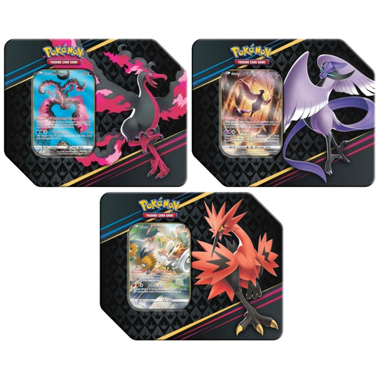 Front view of all three Pokemon Crown Zenith Galarian Bird Tins Including Galarian Moltres, Galarian Zapdos and Galarian Articuno. 