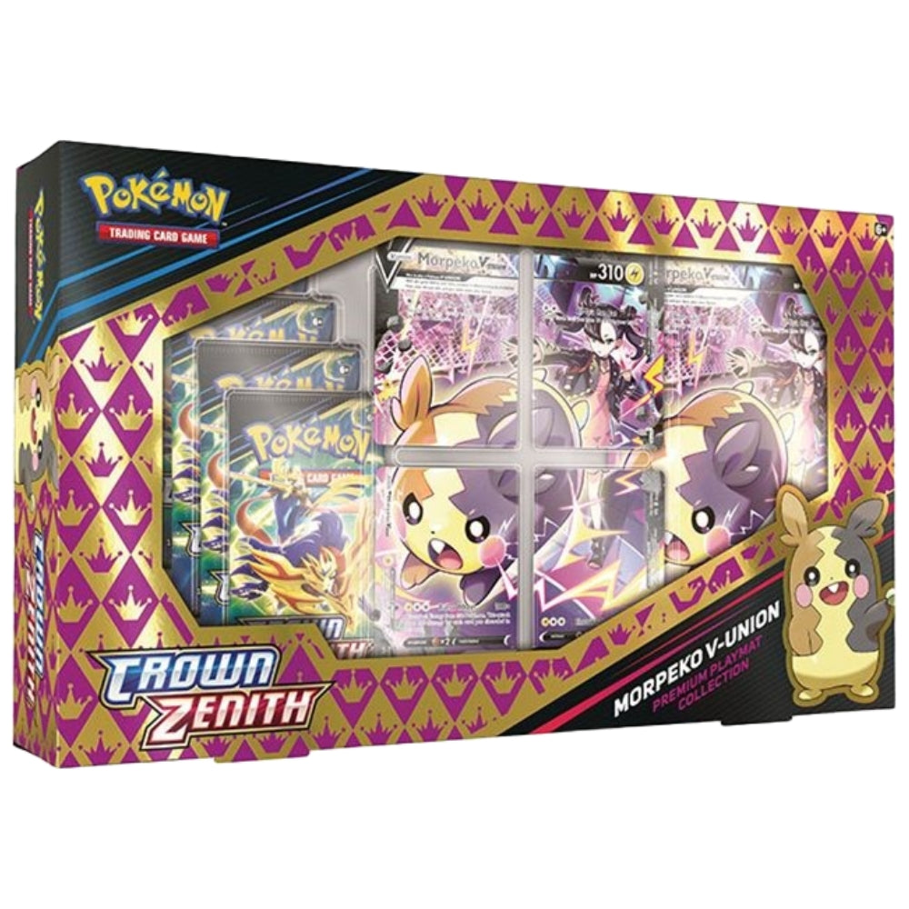 Front angled view of the Pokemon trading card game Crown Zenith Morpeko V Union Premium Playmat Collection.