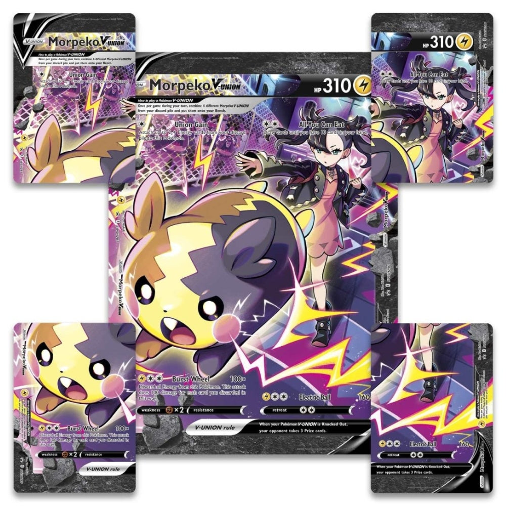 Morpeko V Union Jumbo Card featuring Marnie and morpeko and a vunion design across four standard size cards included within the Pokemon trading card game Crown Zenith Morpeko V Union Premium Playmat Collection.