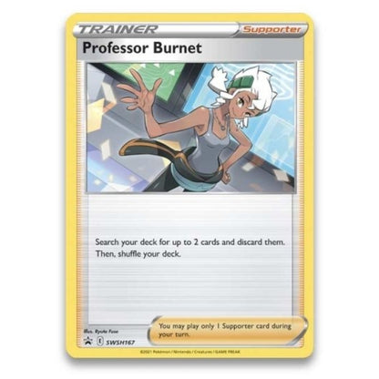 Professor Burnet Trainer Supporter Pokemon Card, Sword and Shield Black Star Promo from the Pokemon trading card game Crown Zenith Morpeko V Union Premium Playmat Collection.