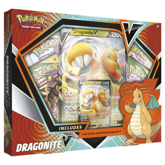 Front angled view of The Pokemon Trading Card Game Sword and Shield Dragonite V Box.