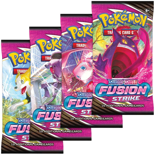 Pokemon Trading Card Game Sword and Shield Fusion Strike Booster Packs, image shows for booster packs, each with different artwork. Pokemon Fusion Strike branding.