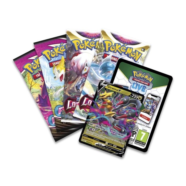 Contents of the Front of the Pokemon Trading Card Game Giratina Hidden Potential Tin.