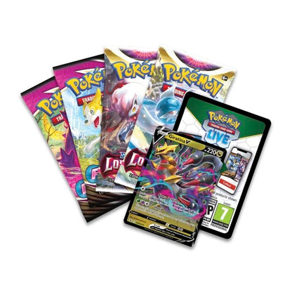 Contents of the Front of the Pokemon Trading Card Game Giratina Hidden Potential Tin.