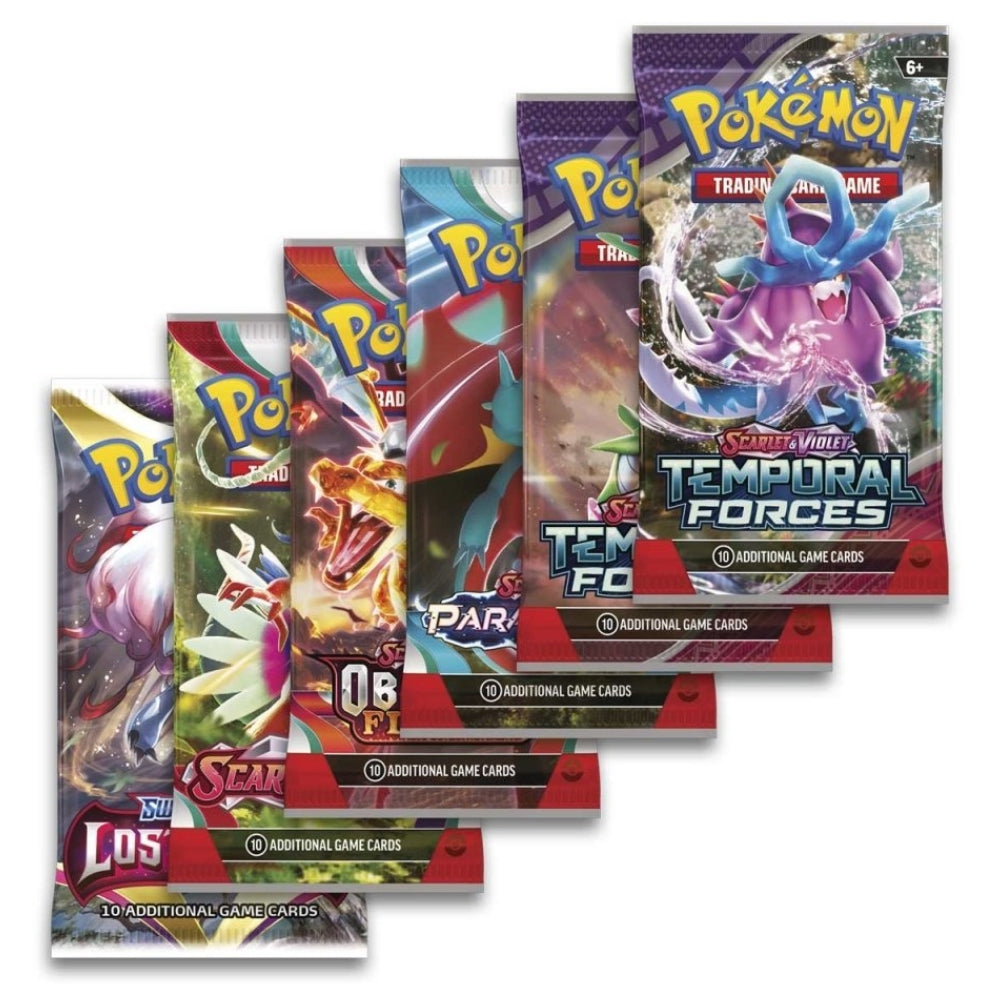 View of 6 Different Pokemon Trading Card Game Booster Packs that are contained in the Iono Premium Tournament Collections, Sets include Scarlet and Violet Temporal Forces, Paradox Rift, Obsidian Flames and Scarlet & Violet Base and lOne pack of Sword and Shield Lost Origin.