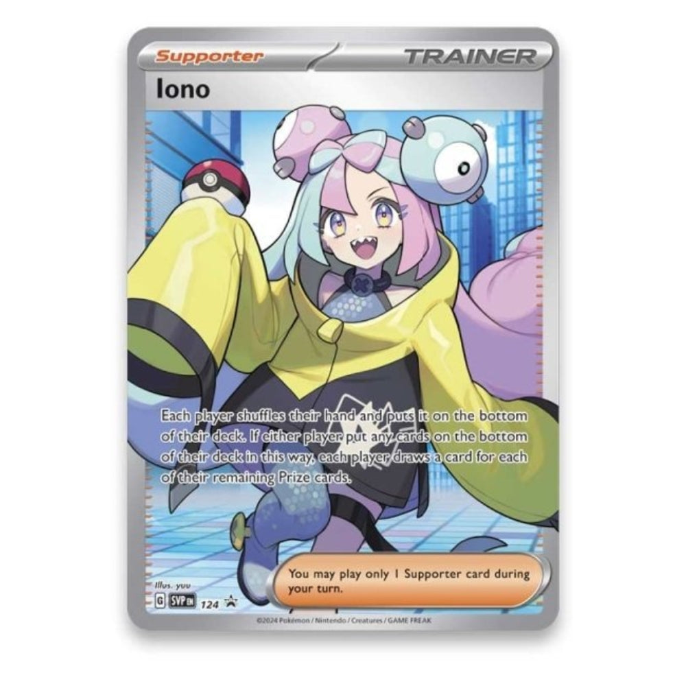 Front view of the Iono Trainer Support Black star promo card SVP 124 from the Pokemon Trading Card Game Iono Premium tournament Collection.