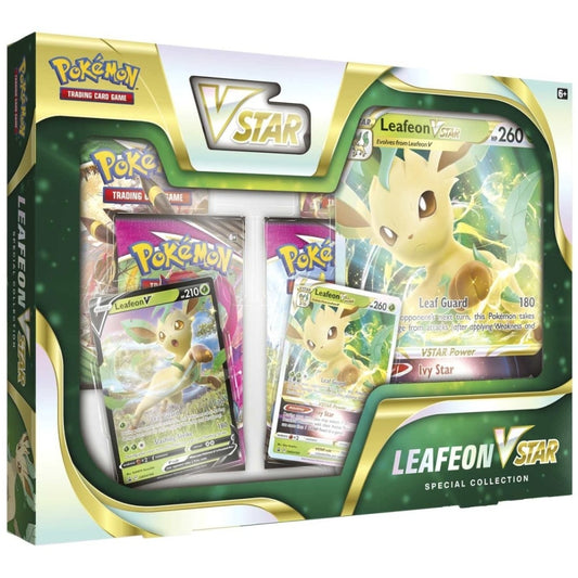 Front angled view of the Pokemon Trading Card Game Leafeon VTAR Special Collection box from the Sword and Shield Expansion.