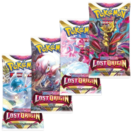 Pokemon Trading Card Game Sword and Shield Lost Origin Booster Packs, image shows four booster packs all with different artwork. Pokemon Lost Origin branding.