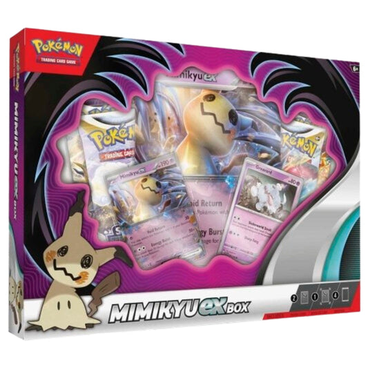 Front angled view of the Pokemon Trading Card Game Mimikyu ex Box.