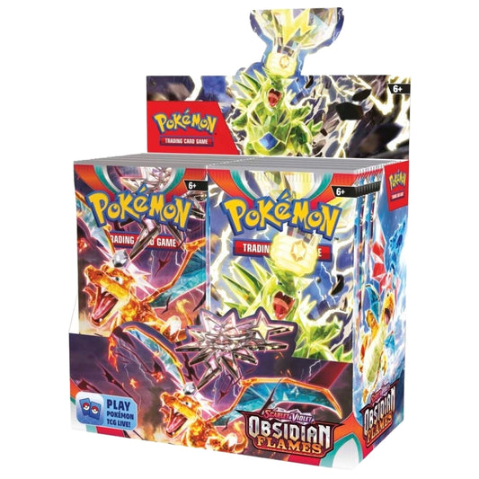 Front angled view of The Pokemon Trading Card Game Scarlet and Violet Obsidian Flames Booster Box.