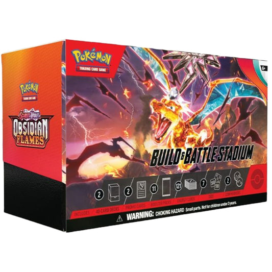 Front angled view of the Pokemon Trading Card Game Scarlet and Violet Obsidian Flames Build & Battle Stadium Featuring Charizard Pokemon.