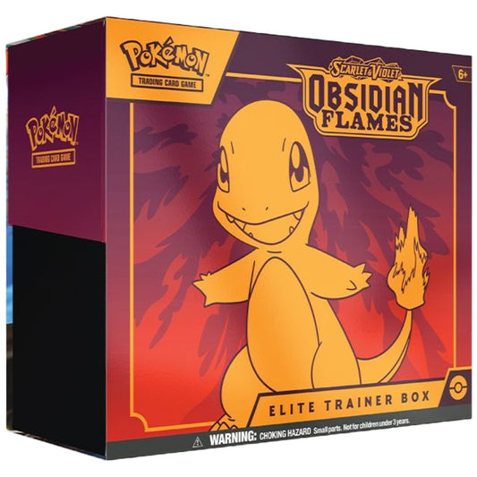 Front view of the Pokemon Trading Card Game Scarlet and Violet Obsidian Flames Elite Trainer Box ETB featuring Charmander Pokemon.
