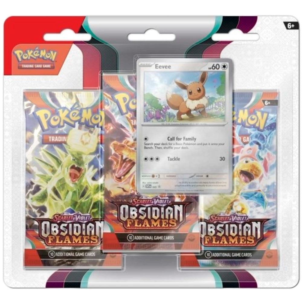 Front view of the Pokemon Trading Card Game Scarlet and Violet Obsidian Flames Triple Blister, featuring Eevee promo card and includes 3 Obsidian Flames Booster Packs. Pokemon Scarlet and Violet Obsidian Flames branding.