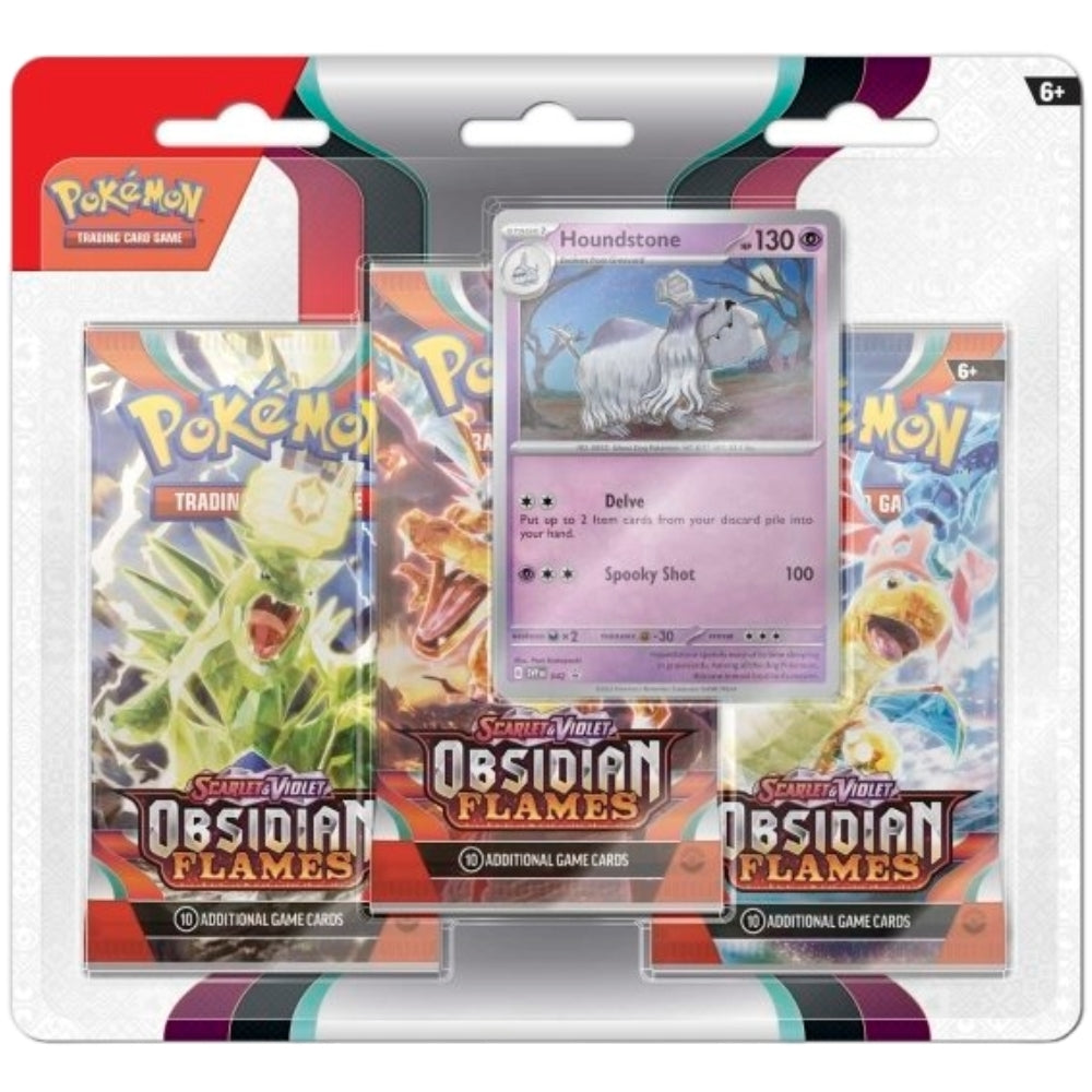Front view of the Pokemon Trading Card Game Scarlet and Violet Obsidian Flames Triple Blister, featuring Houndstone promo card and includes 3 Obsidian Flames Booster Packs. Pokemon Scarlet and Violet Obsidian Flames branding.