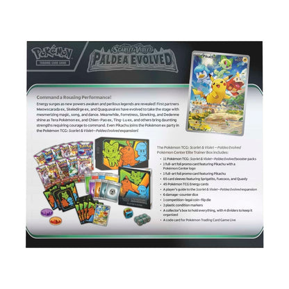 Rear view of the Pokemon Trading Card Game Scarlet and Violet Paldea Evoled Pokemon Center Exlusive Elite Trainer Box.