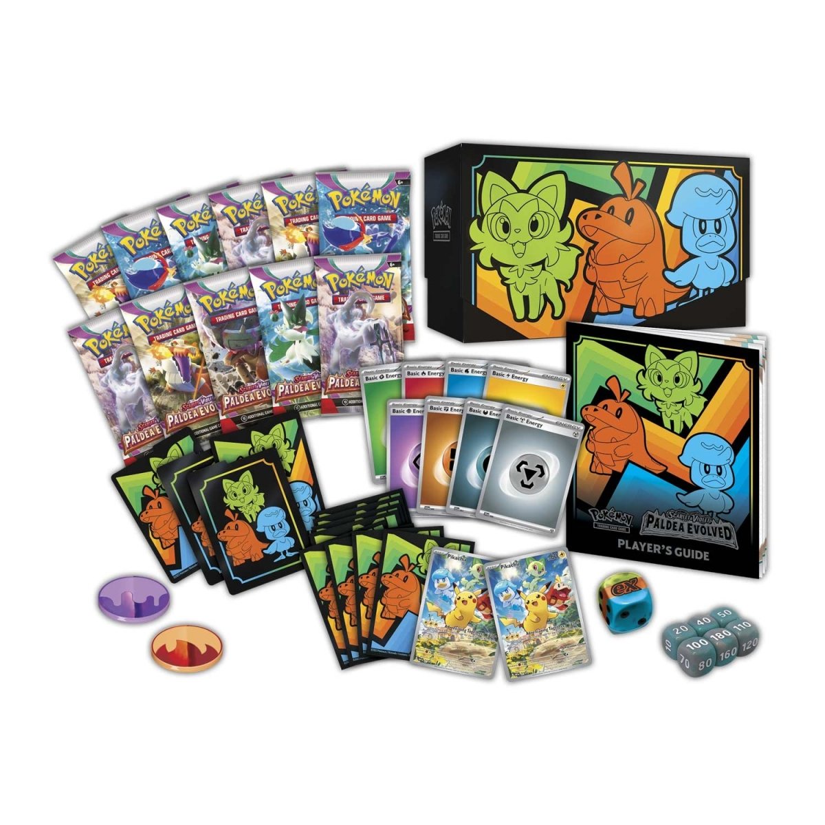 View of all the contents contained within the Pokemon Scarlet and Violet Paldea Evolved Elite Trainer Box including booster packs, card sleeves, Pikachu promo card plus more.