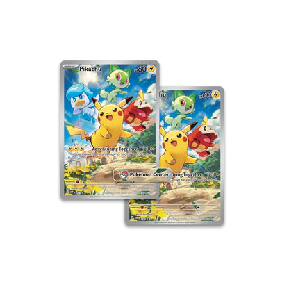 Front view of the two Pikachu Promo Cards Contained within the Pokemon Scarlet and Violet Paldea Evolved Elite Trainer Box.