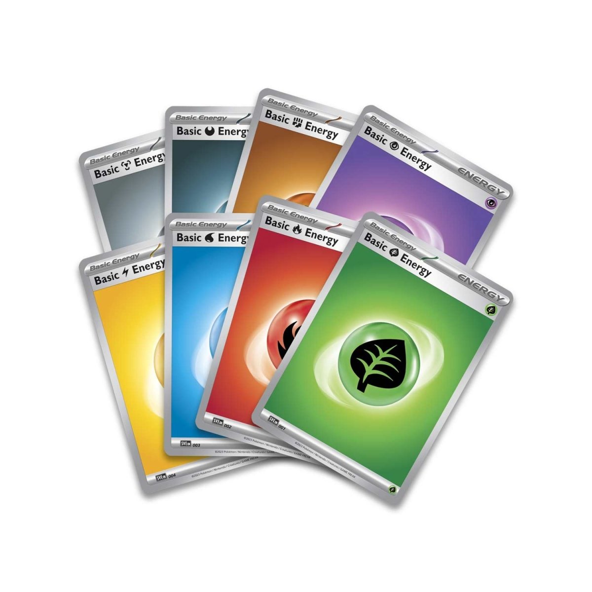 View of all 8 different Pokemon Trading Card Game Basic Energies.