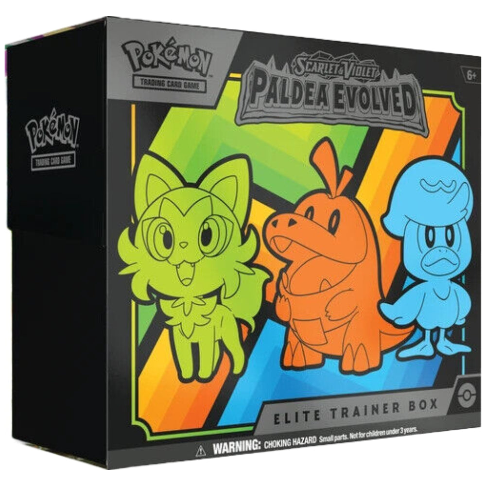 Front angled view of the Pokemon Trading Card Game Scarlet and Violet Paldea Evolved Elite Trainer Box.
