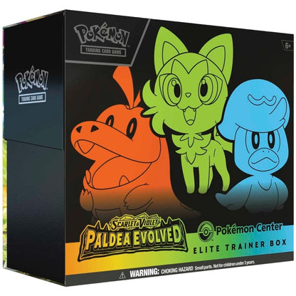 Front view of the Pokemon Trading Card Game Scarlet and Violet Paldea Evolved Elite Trainer Box Pokemon Center Exclusive.