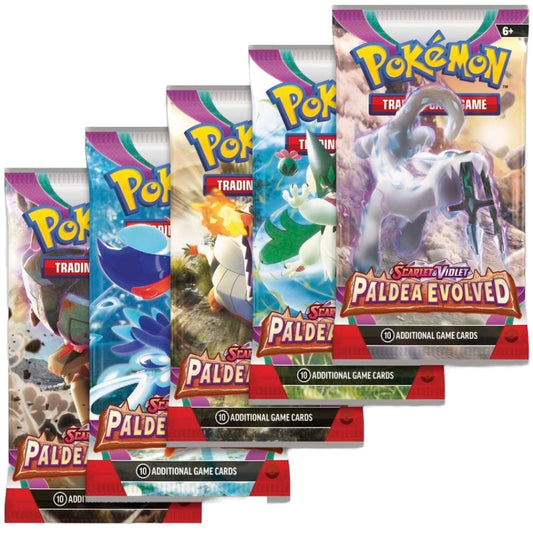 Pokemon TCG Scarlet & Violet Paldea Evolved Booster Packs, image shows five booster packs all featuring different artwork. Scarlet & Violet Paldea Evolved branding.