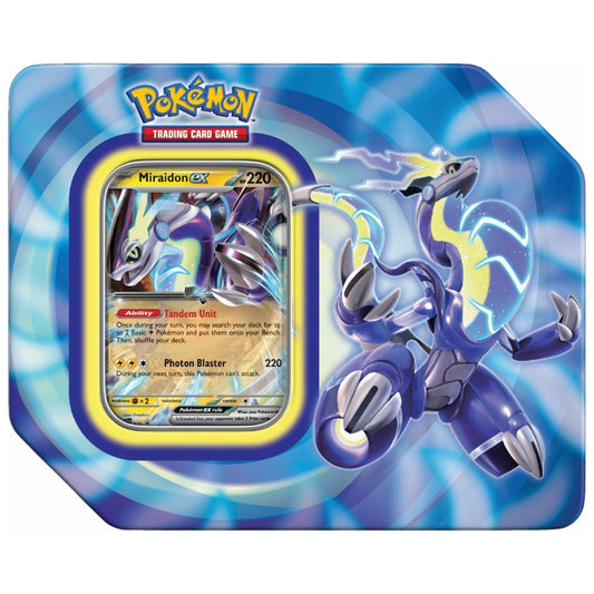 Front view of the Pokemon Trading Card Game Paldea Legends Tin featuring Miraidon ex.