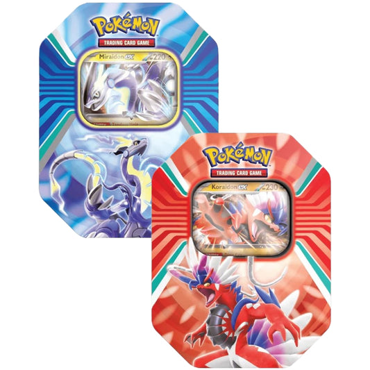 Front view of the Pokemon Trading Card Game Scarlet & Violet Paldea Partners Koraidon ex and Miraidon ex Tin, Koraidon ex and Miraidon ex Pokemon, Pokemon Trading Card Game.