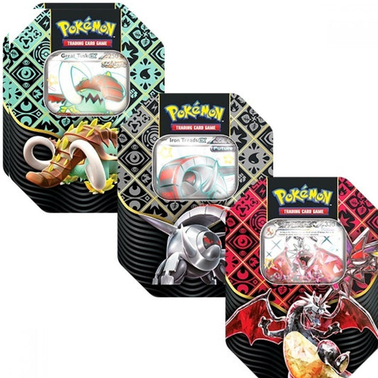 Front view of the Pokemon Trading Card Game Scarlet & Violet Paldean Fates Tins featuring Great Tusk ex, Iron treads ex and Charizard ex Pokemon Characters.