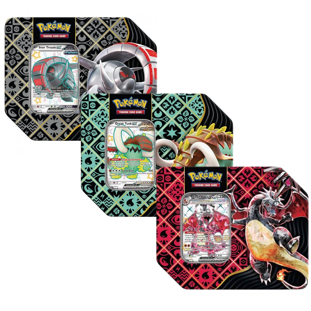 Front view of all three of the Pokemon Trading Card Game Scarlet & Violet Paldean Fates US Style ex Tins featuring Iron Treads ex, Great Tusk ex and Charizard ex.