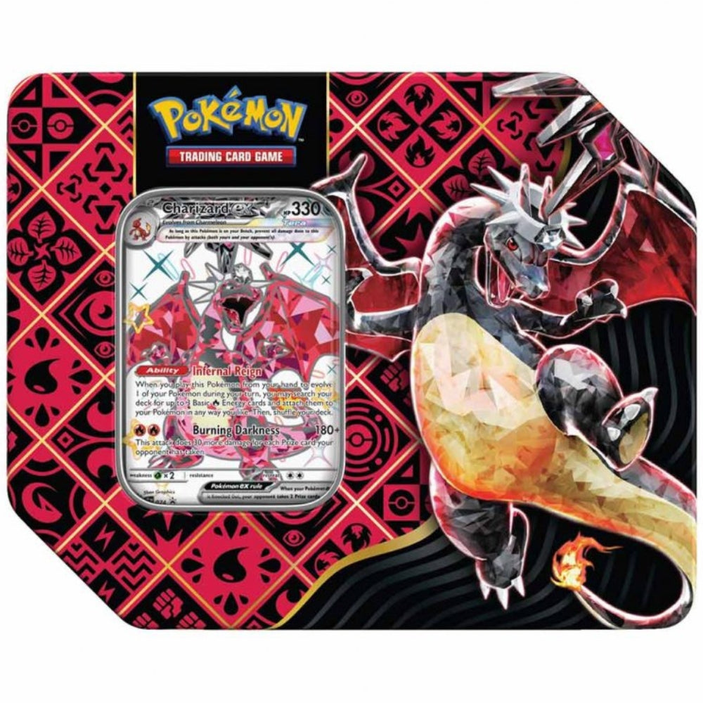 Front view of the Pokemon Trading Card Game Scarlet & Violet Paldean Fates US Style ex Tin featuring Charizard ex.