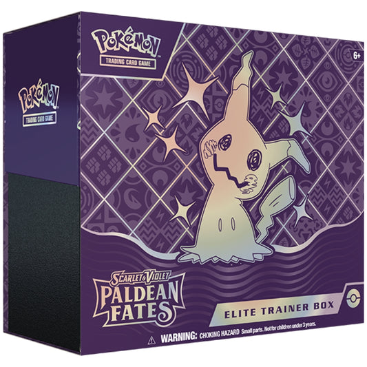 Front view of the Pokemon Trading Card Game Scarlet and Violet Paldean Fates Elite Trainer Box.